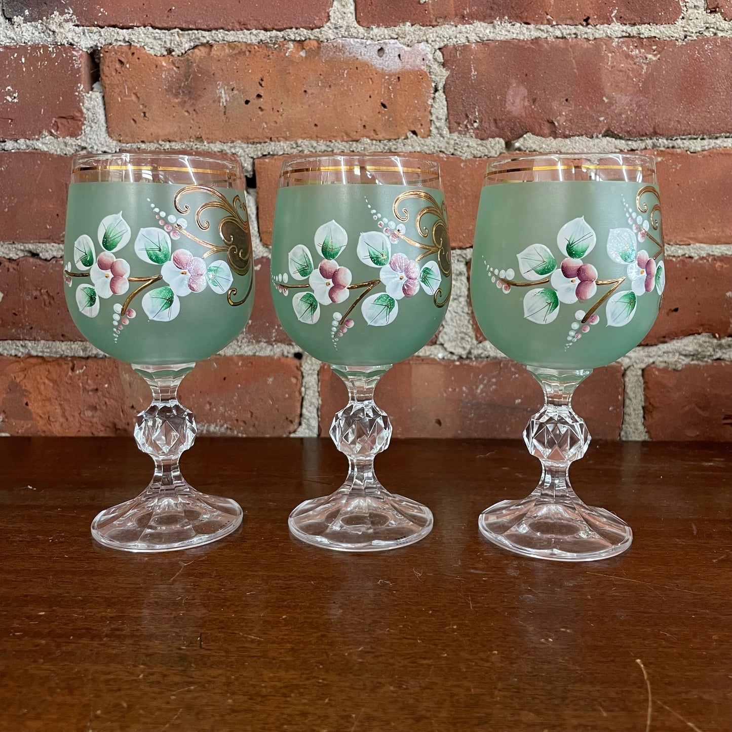 Vintage Bohemia Czech Green Glass Pitcher & Goblets Set, Hand Painted