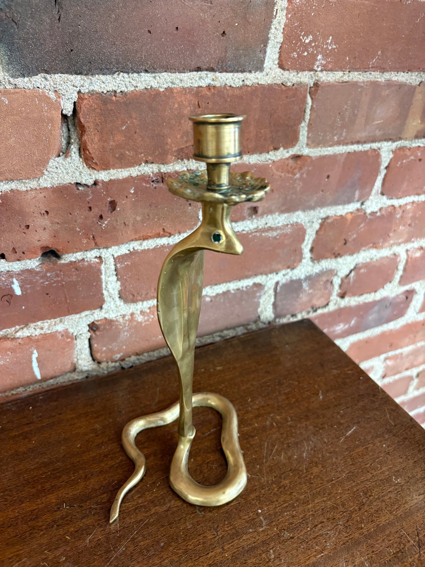 Moroccan Brass Cobra Candlestick with Emerald Glass Eyes — Handcrafted, c. 1970s–80s, 10"