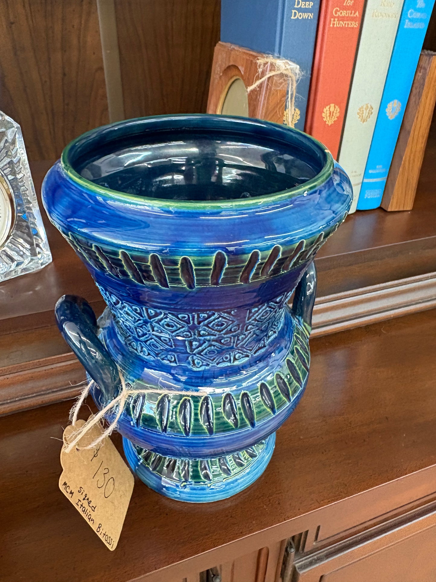 Authentic Bitossi Blue and Green Italian Pottery Vase with Handles