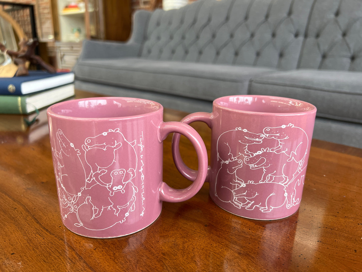 Taylor & Ng "Naughty Hippo" Mug Set, Pair — Pink, 1979, San Francisco Pop Kitchenware