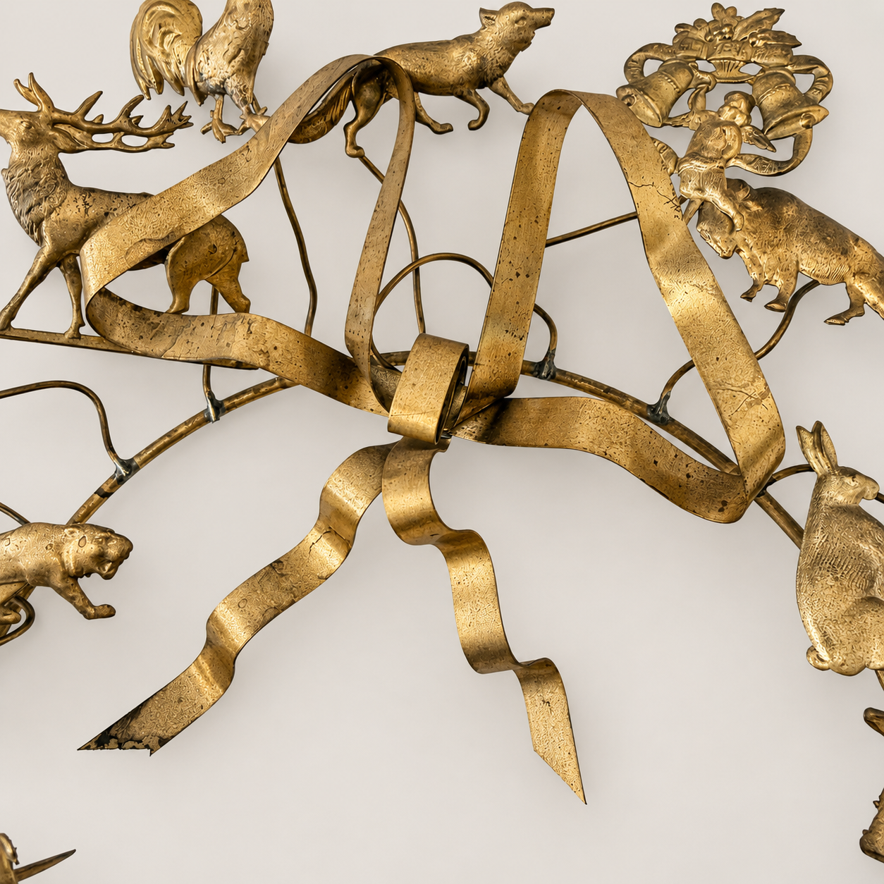 Antique Dresden Brass All-Holiday Animal Wreath — German Petites Choses Wall Sculpture, 12" x 13", Victorian Estate