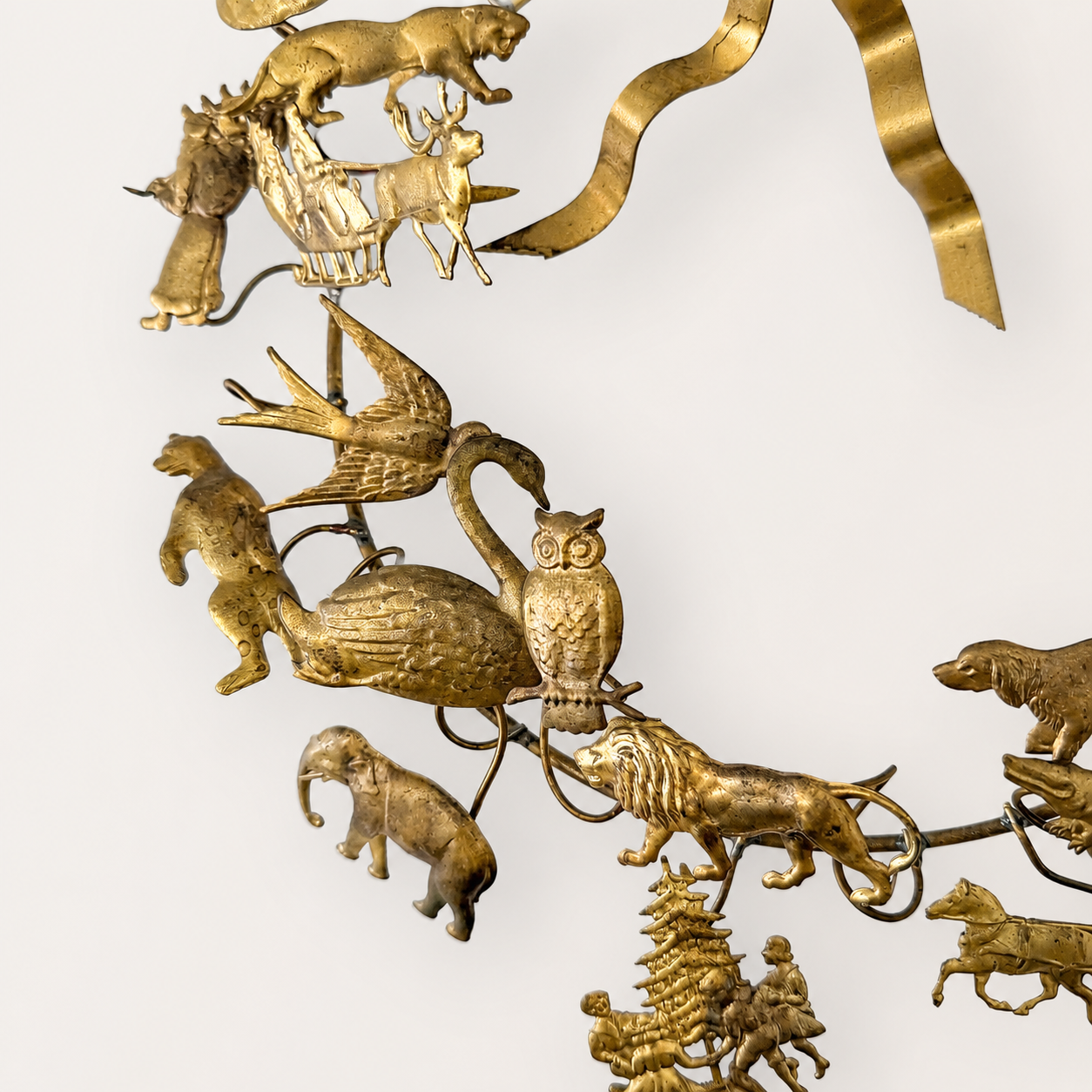 Antique Dresden Brass All-Holiday Animal Wreath — German Petites Choses Wall Sculpture, 12" x 13", Victorian Estate