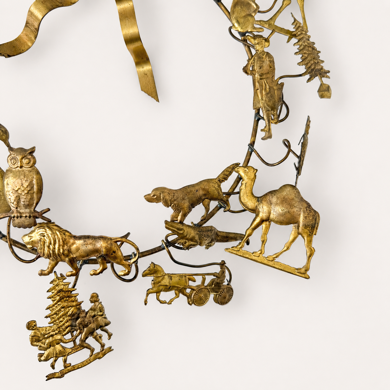 Antique Dresden Brass All-Holiday Animal Wreath — German Petites Choses Wall Sculpture, 12" x 13", Victorian Estate