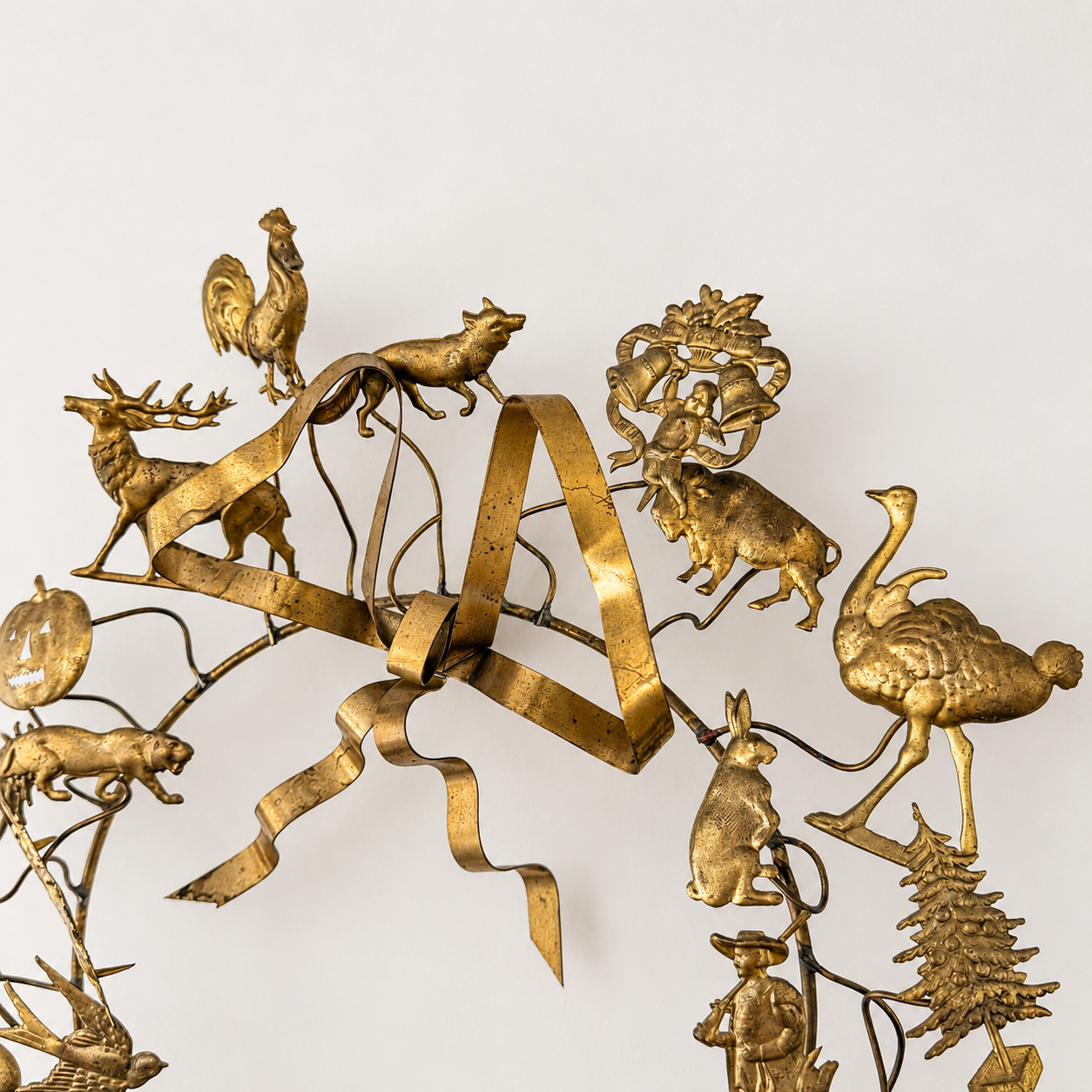 Antique Dresden Brass All-Holiday Animal Wreath — German Petites Choses Wall Sculpture, 12" x 13", Victorian Estate