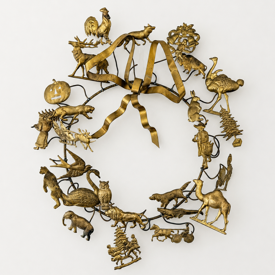Antique Dresden Brass All-Holiday Animal Wreath — German Petites Choses Wall Sculpture, 12" x 13", Victorian Estate