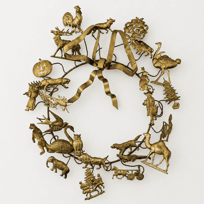 Antique Dresden Brass All-Holiday Animal Wreath — German Petites Choses Wall Sculpture, 12" x 13", Victorian Estate