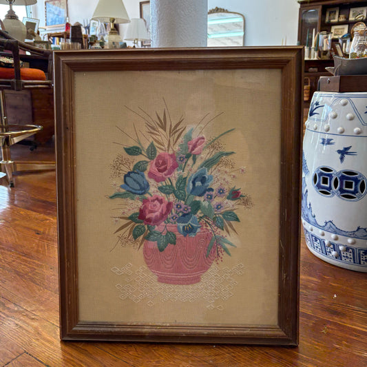 Vintage Floral Crewel Embroidery — Framed Bouquet on Linen, 23" × 19", c. 1960s–70s