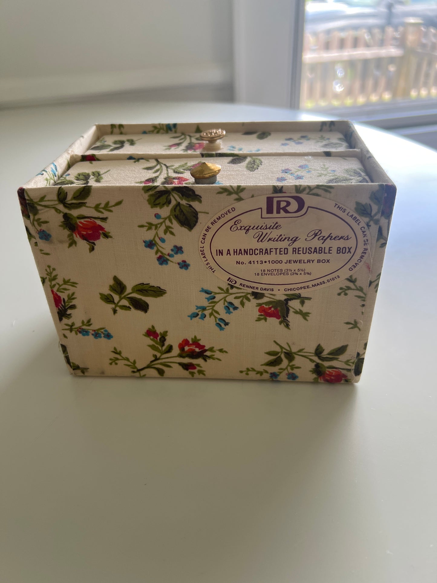 Renner Davis Floral Fabric Jewelry Box, Cottage Roses, Lidded with Two Drawers