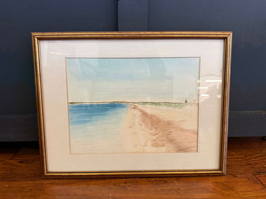 Framed Coastal Landscape — Pastel & Watercolor Beach Scene, 17" x 13"