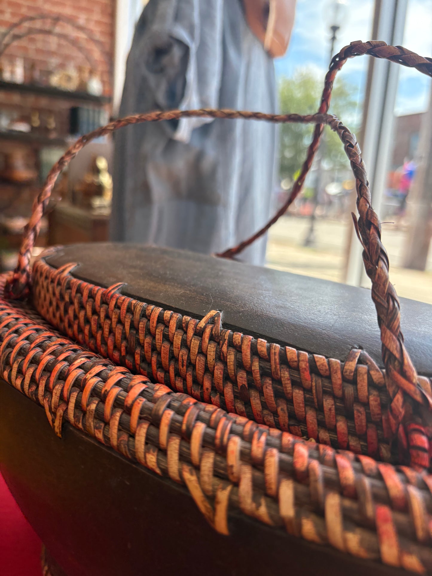 Hand-Carved Wood & Woven Basket with Lid – Vintage South Asian Folk Art
