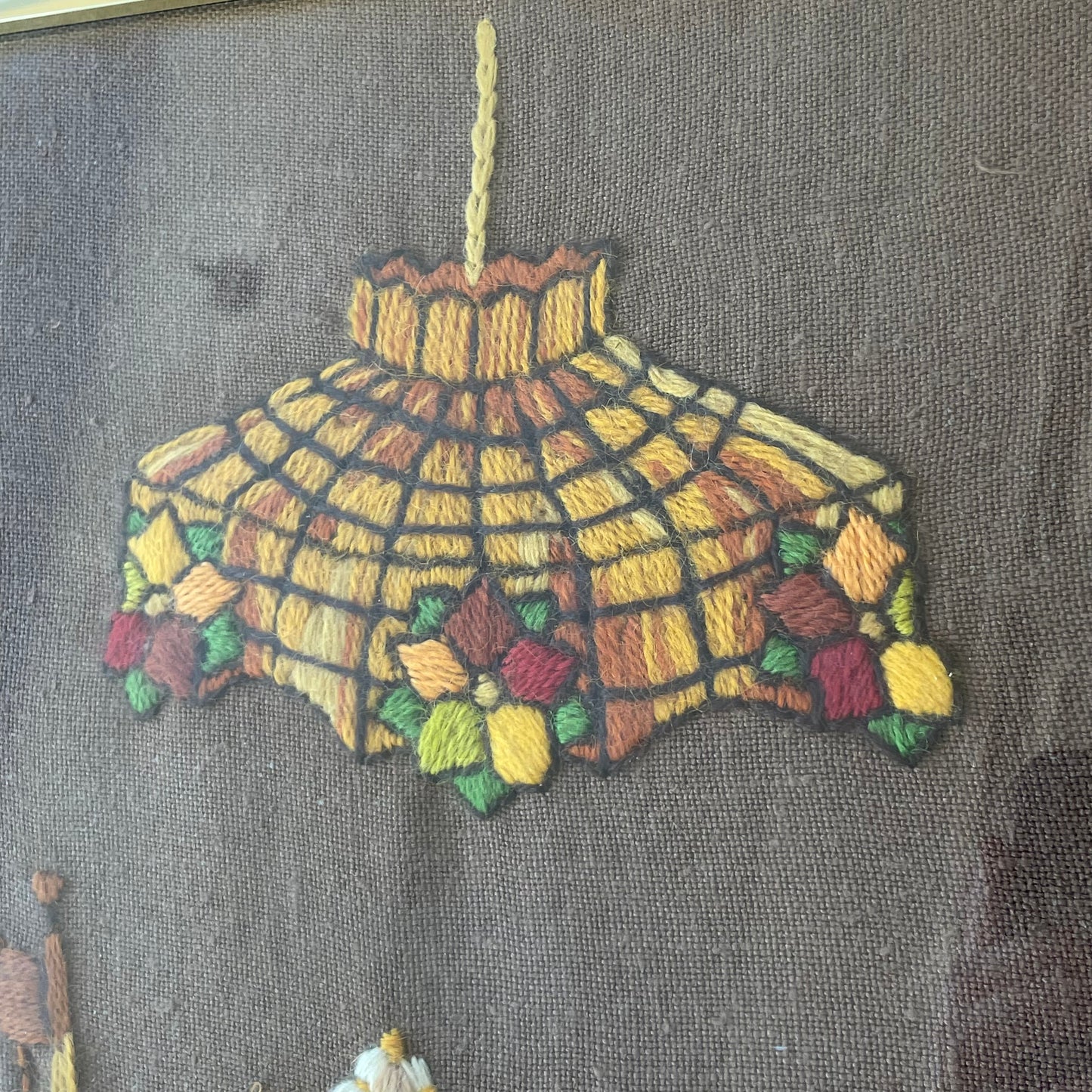 Vintage Still Life Needle Point in Gold Metal Frame, Cat at Tea Time Needlepoint, Embroidery Picture Frame, Table Lamp Crewel, Retro Crewel Art, Table for Tea with Staine c. 1970s Glass Light and Black Cat, Brown needlepoint of cat and table gold frame