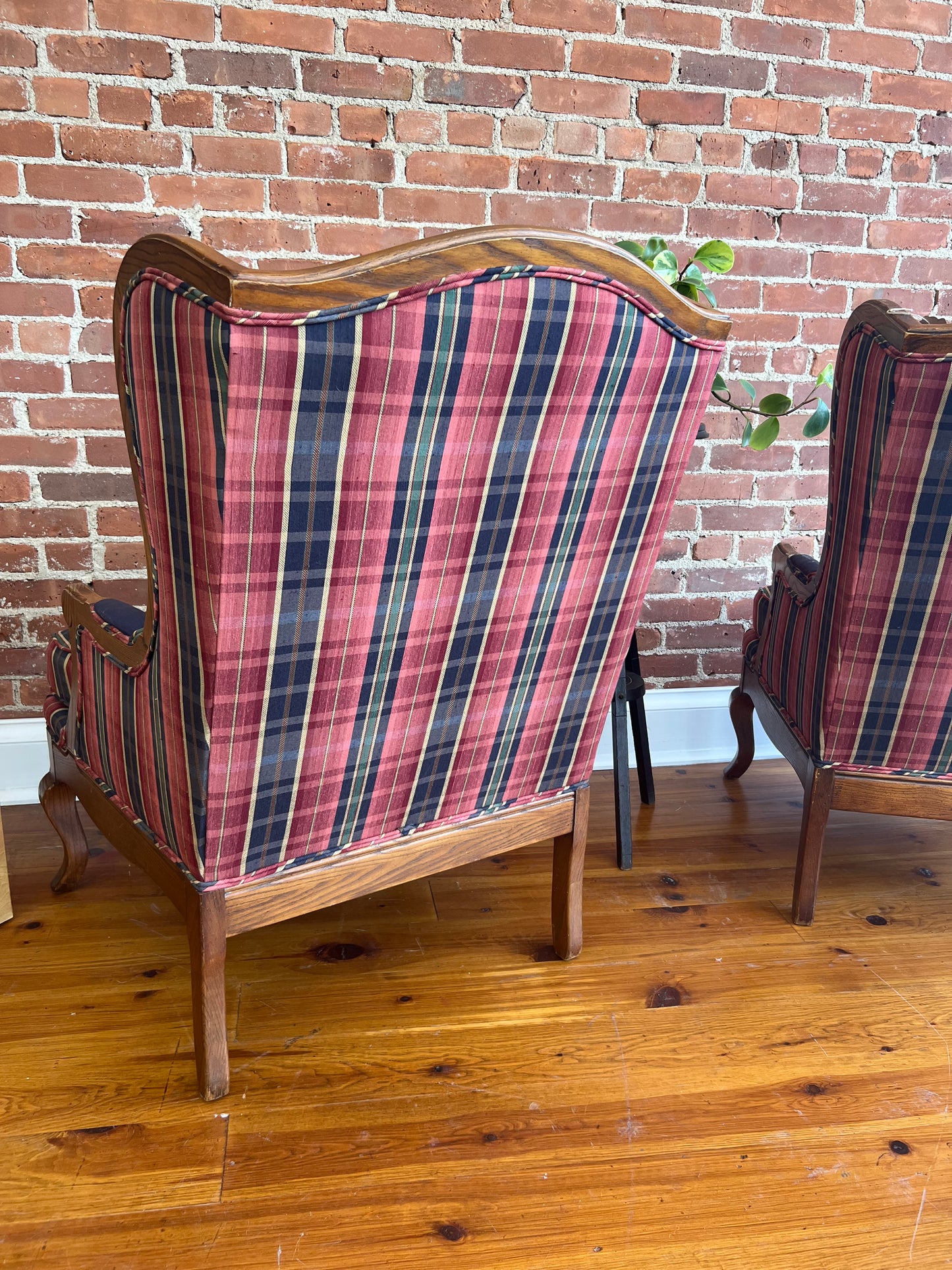 Pair of Vintage Plaid Wingback Chairs with Wood Frame – Classic Americana