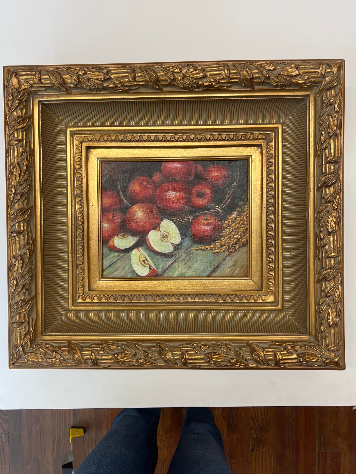 Framed Still-Life Oil – Basket of Red Apples, Ornate Gilt Frame, 20″ × 18″