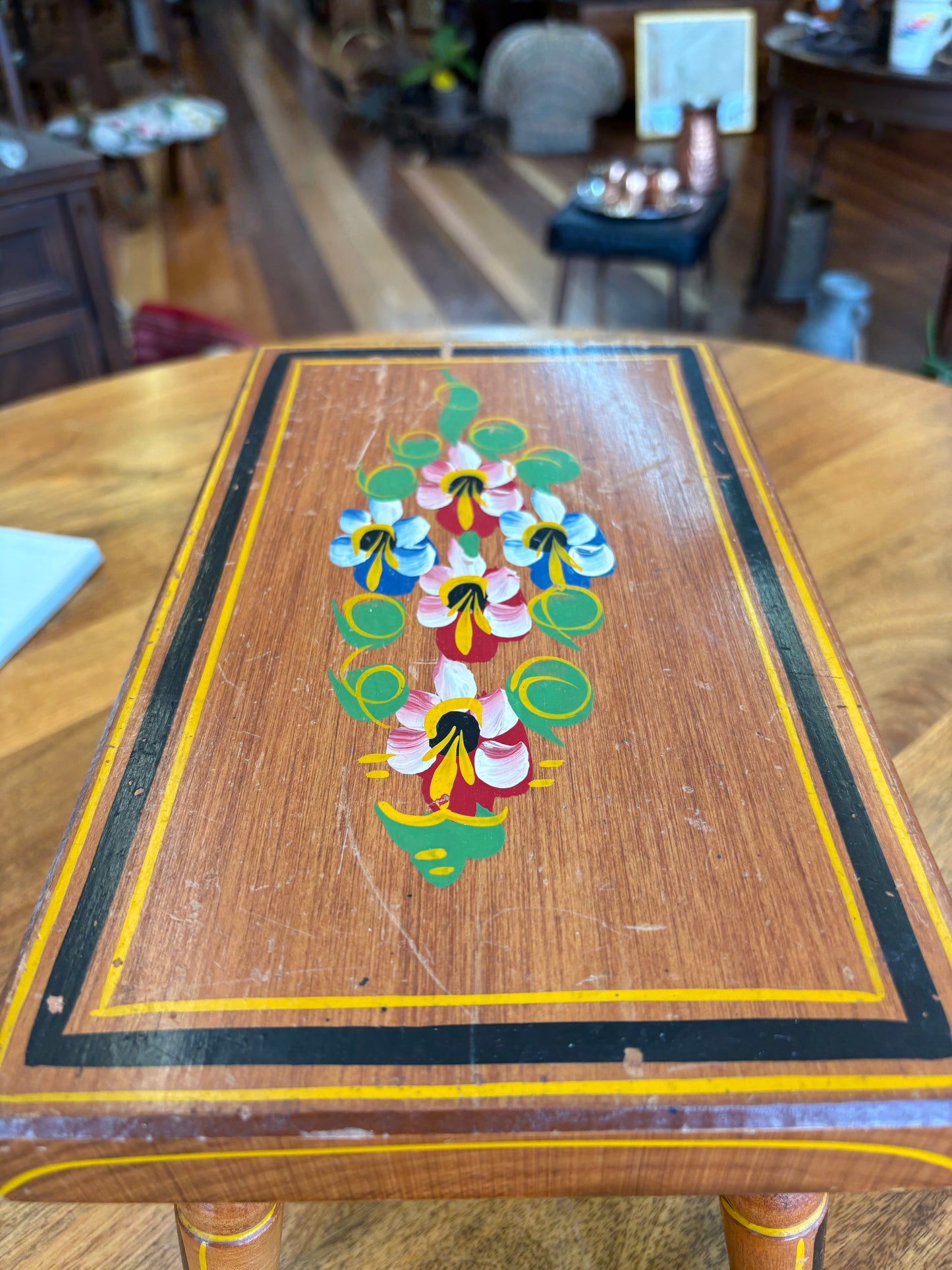 1966 J.S. Ebersol Hand-Painted Folk Art Footstool – Pennsylvania Dutch, 14″