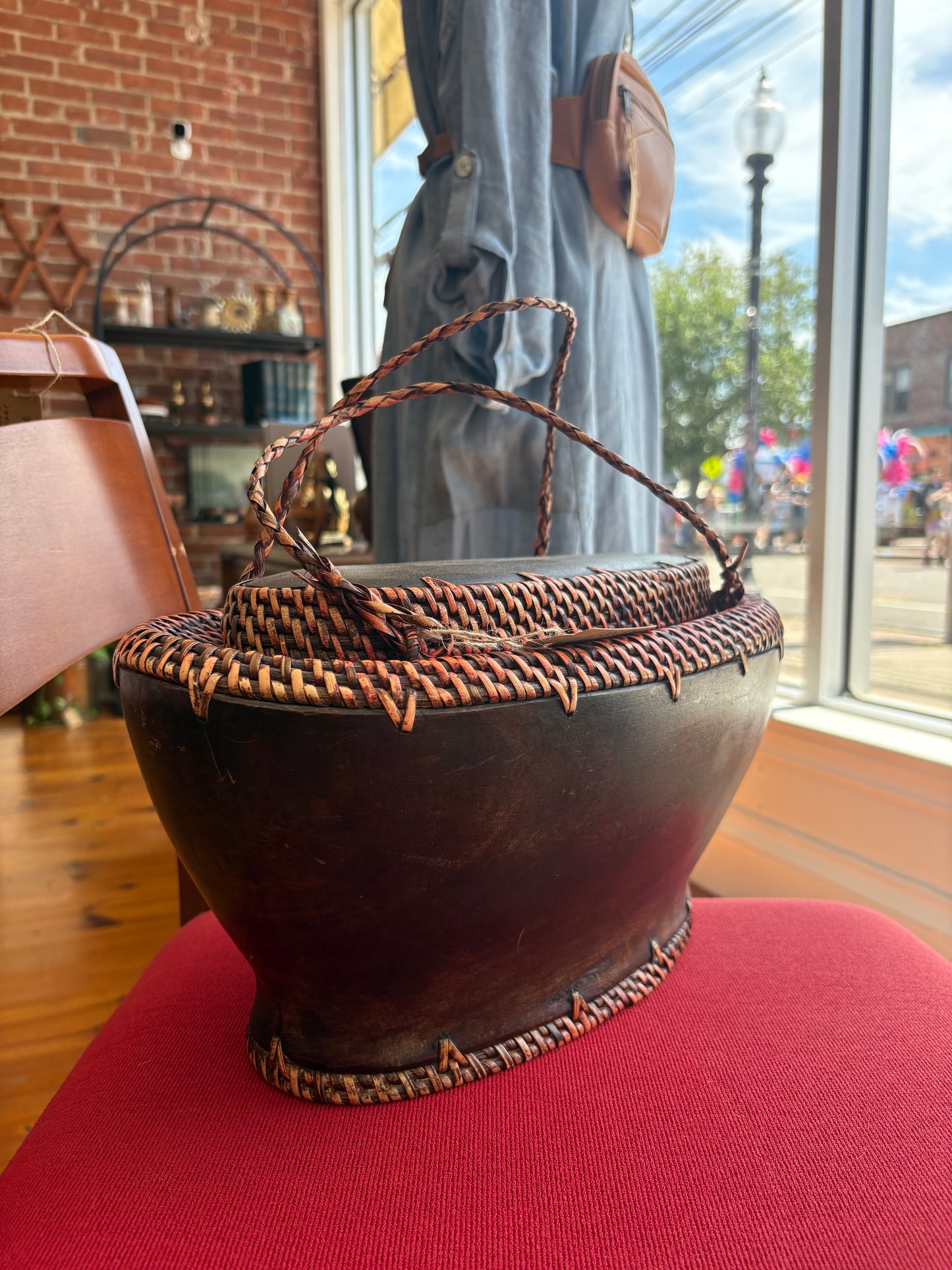 Hand-Carved Wood & Woven Basket with Lid – Vintage South Asian Folk Art