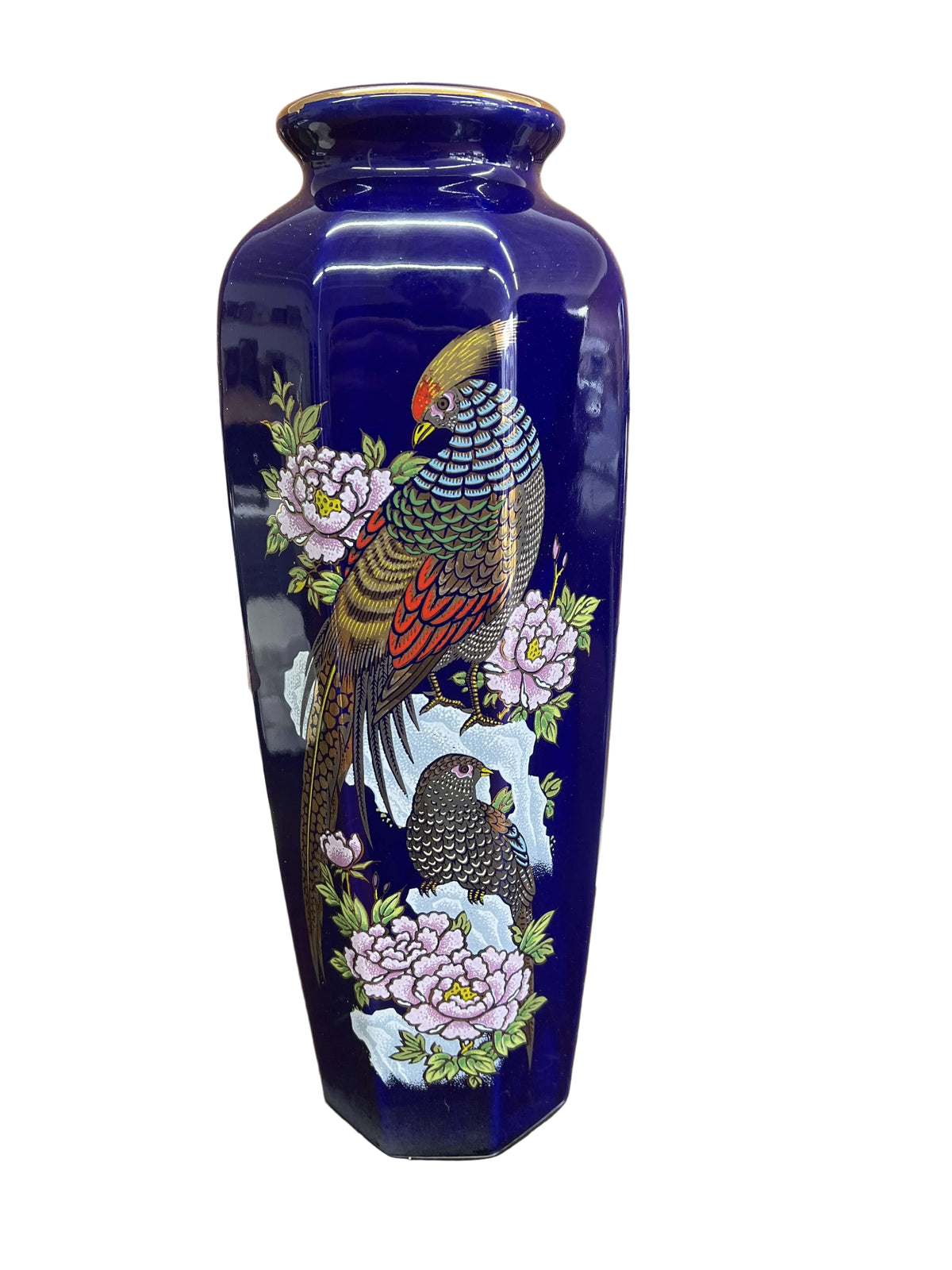 Toyo Kutani-style cobalt blue Japanese porcelain vase, hand-painted with a bird and peonies