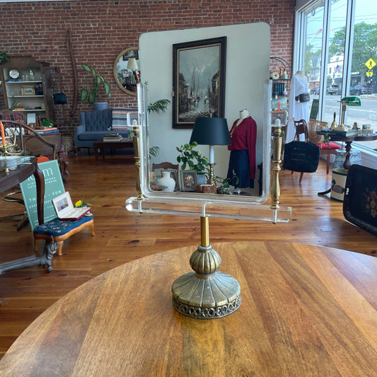 J. Albert Johnson Jewelers Display Mirror — Engraved Brass & Lucite, Cast Brass Base, 24″