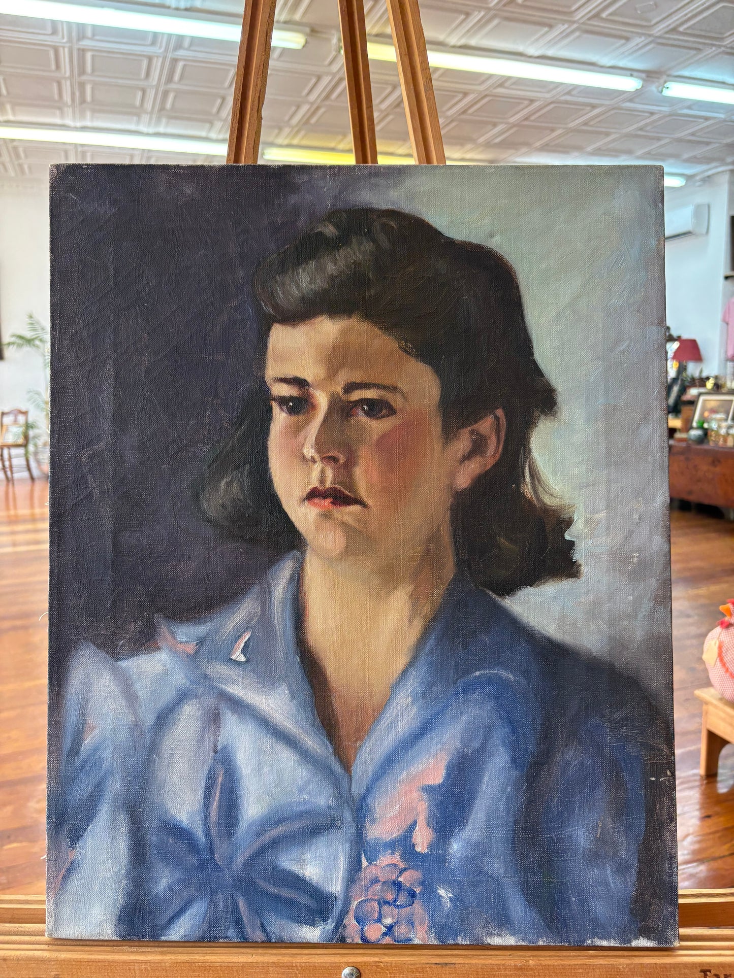 Mid-Century Oil Portrait – Young Woman in Blue Blouse, Realist Canvas, 24″