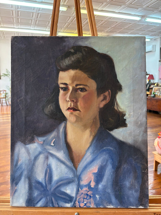 Mid-Century Oil Portrait – Young Woman in Blue Blouse, Realist Canvas, 24″