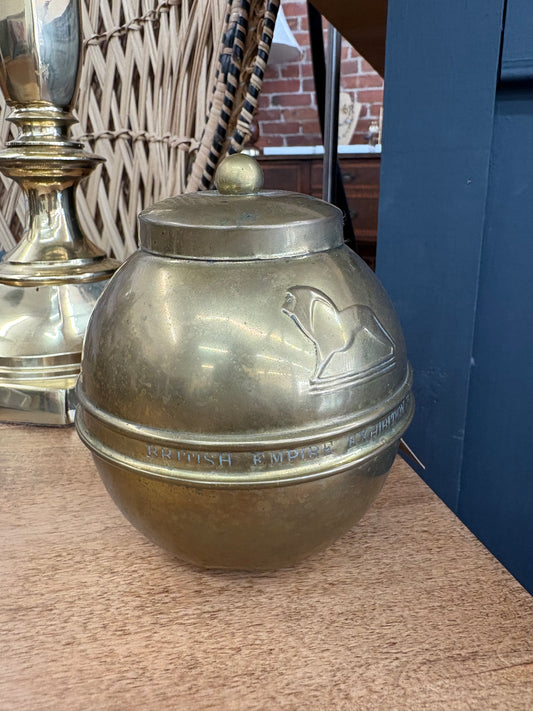 1924 Lipton Brass Tea Caddy – British Empire Exhibition Globe Tin, 5″ Tall