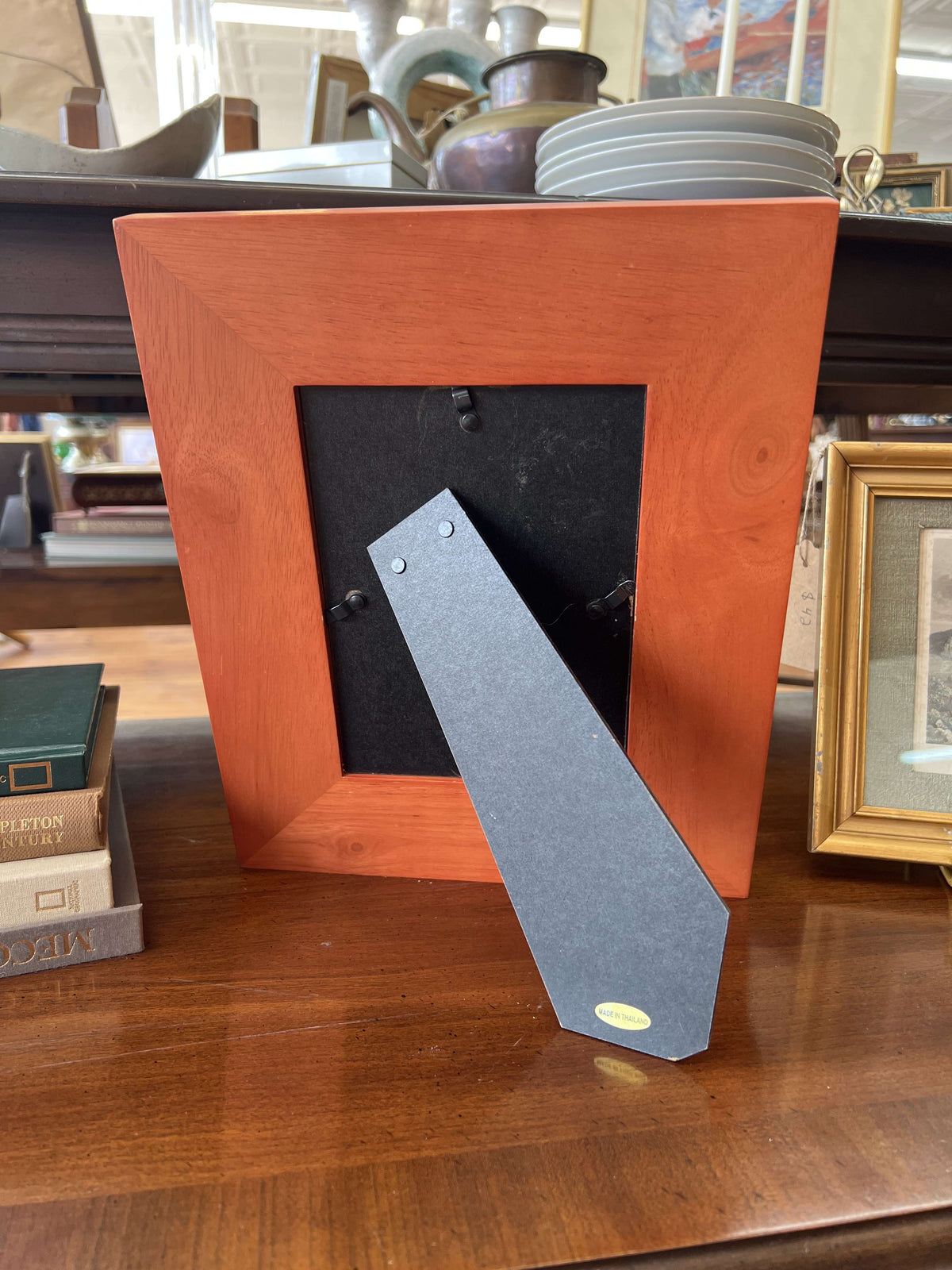 Wide wood picture frame — back with fold-out easel stand