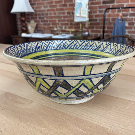 Signed Studio Pottery Bowl — Hand-Painted Geometric Glaze, Blue & Olive, 9"W, Mid-Century