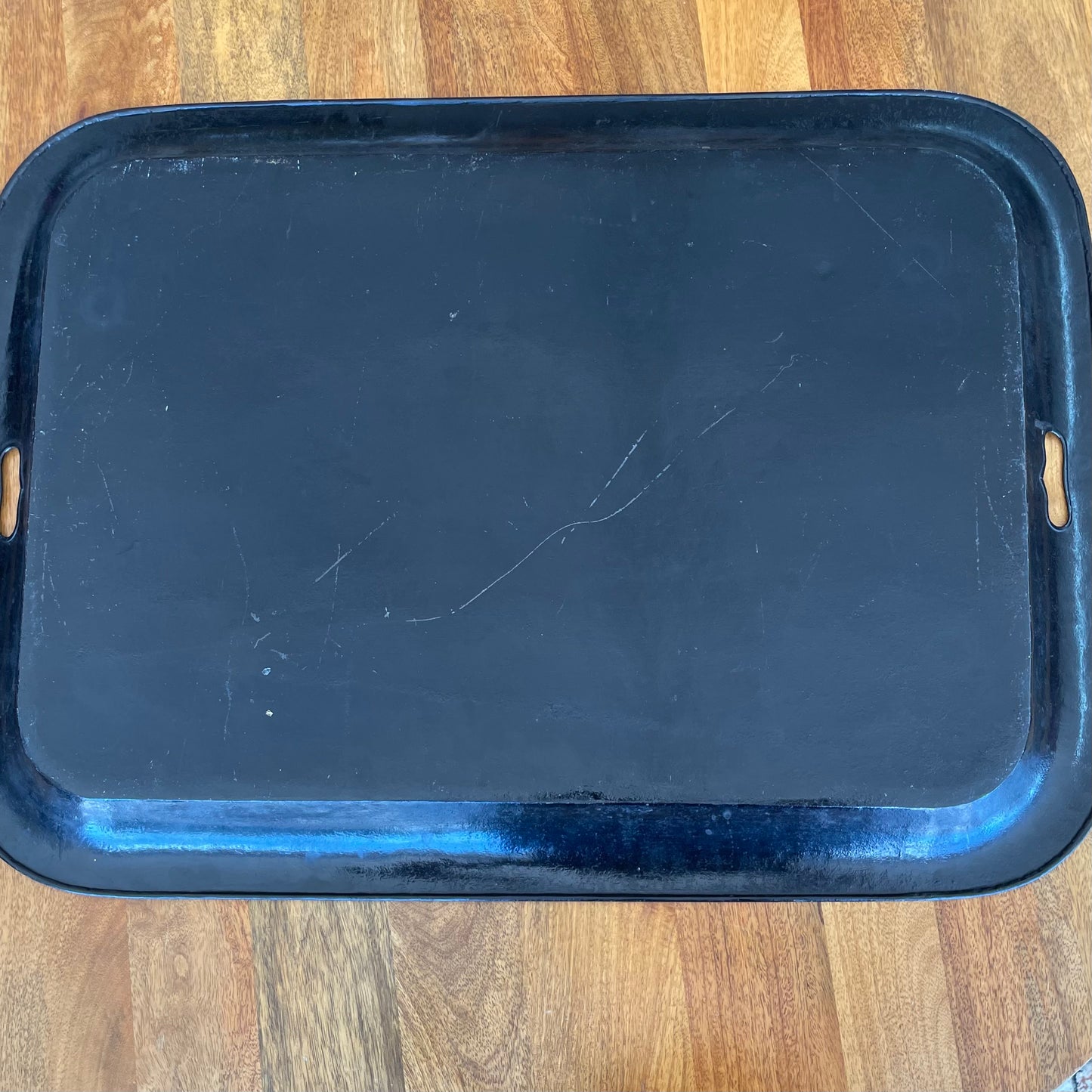 Oversized Hand-Painted Floral Tole Tray – Antique European Black Metal, 30″ x 21.75″