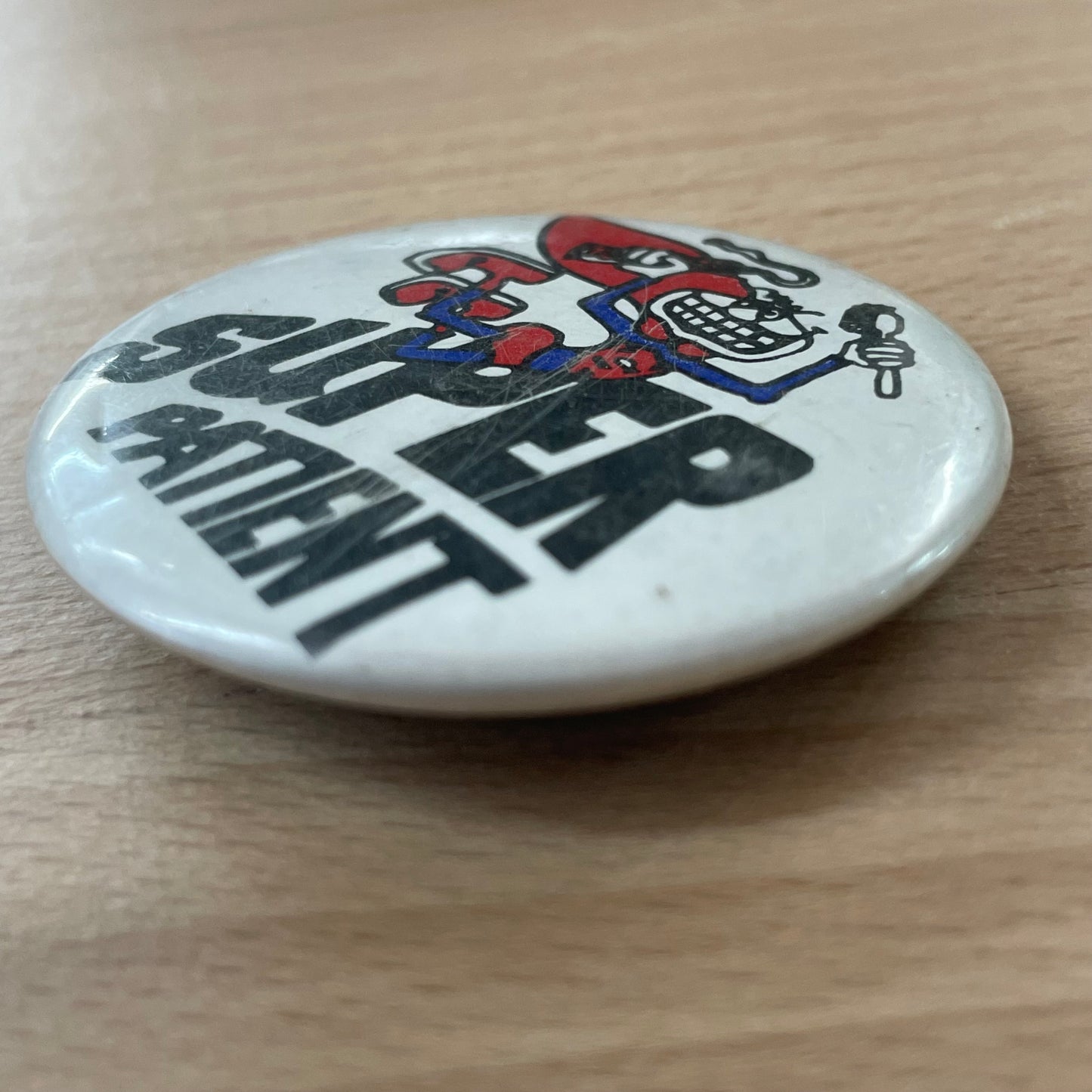 Vintage “Super Patient” Dentist Pinback Button – 1970s Dental Comic Pin (1.75”)