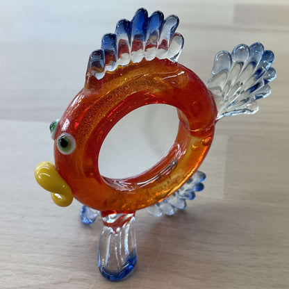 GILLY hand-blown art glass fish with a round magnifying lens body, orange and blue