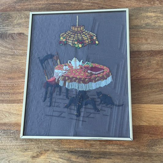 Vintage Still Life Needle Point in Gold Metal Frame, Cat at Tea Time Needlepoint, Embroidery Picture Frame, Table Lamp Crewel, Retro Crewel Art, Table for Tea with Staine c. 1970s Glass Light and Black Cat, Brown needlepoint of cat and table gold frame