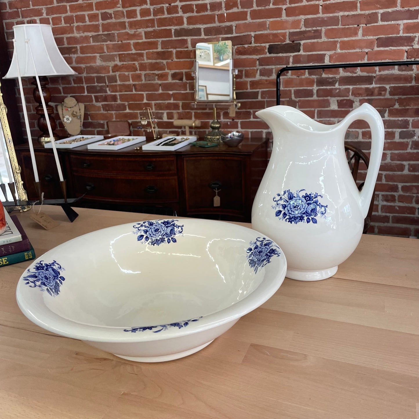 Vintage Blue & White Floral Ceramic Wash Basin and Pitcher Set