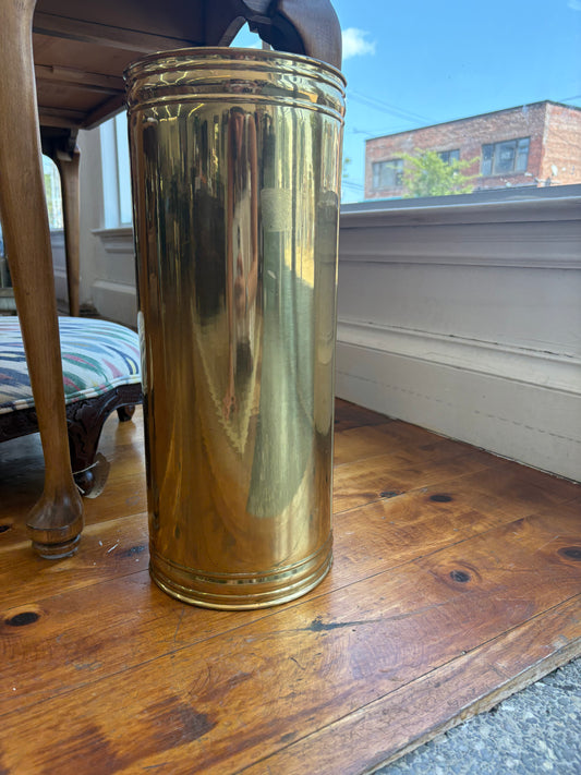 Vintage Polished Brass Umbrella Stand — Cylindrical, Banded Detail, 18"