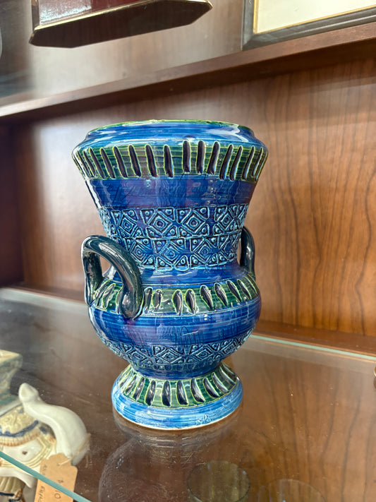 Bitossi Ceramic Vase — Cobalt Blue & Green, Geometric Banding, Dual Handles, Italy, c. 1960s–70s