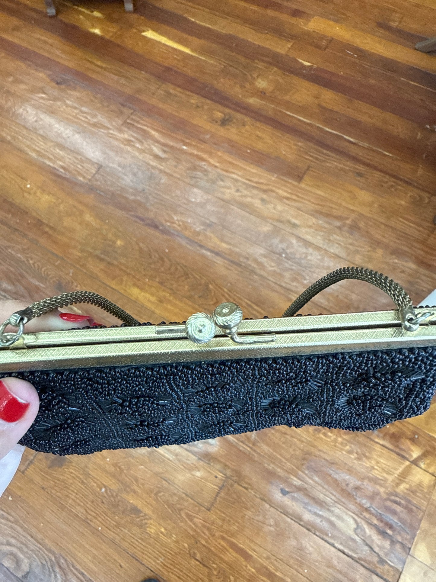 Vintage Black Beaded Evening Bag with Brass Frame – Made in Hong Kong