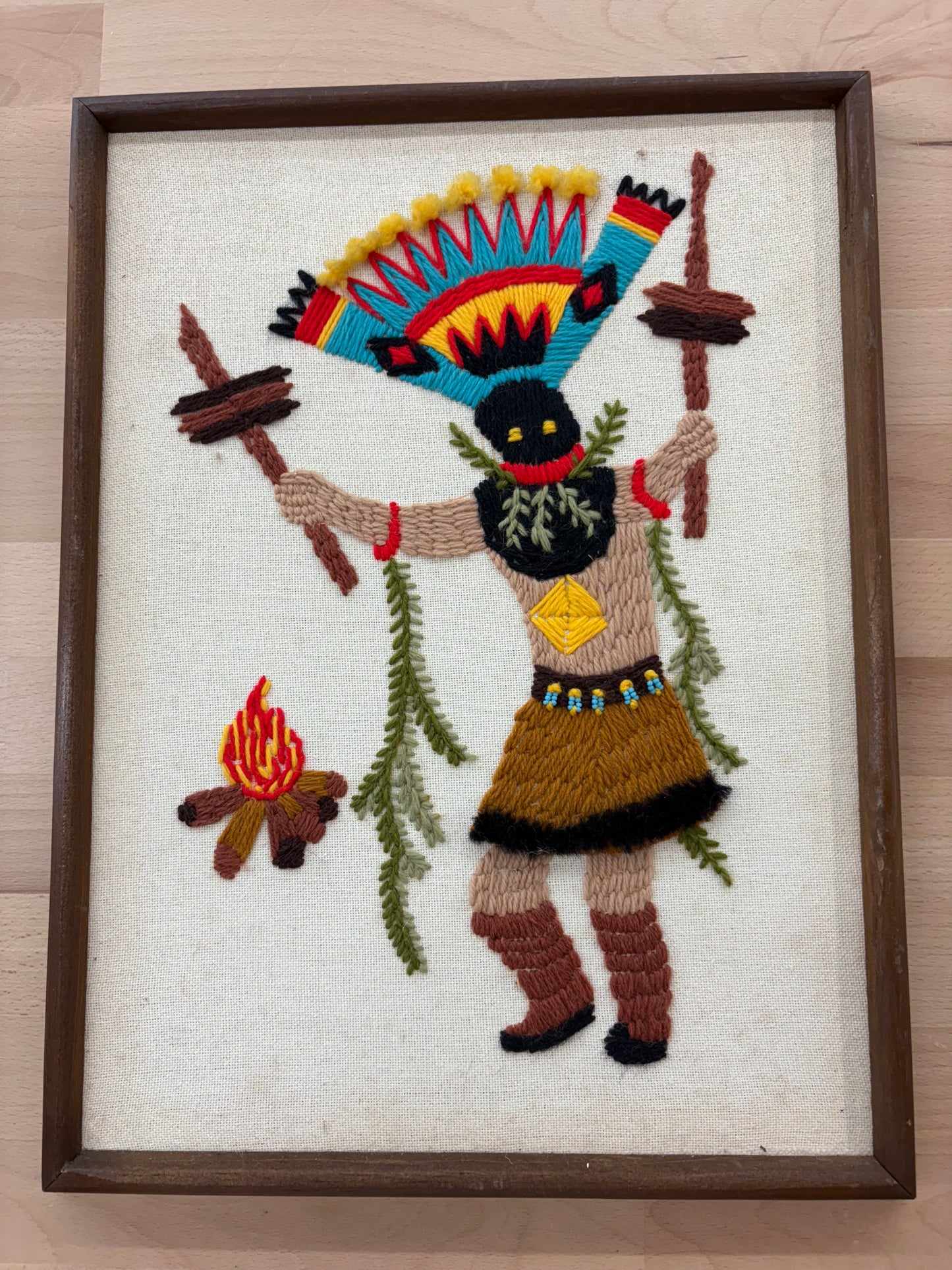 1970s Apache Gaan Dancer Needlepoint – Framed Native American Folk Art