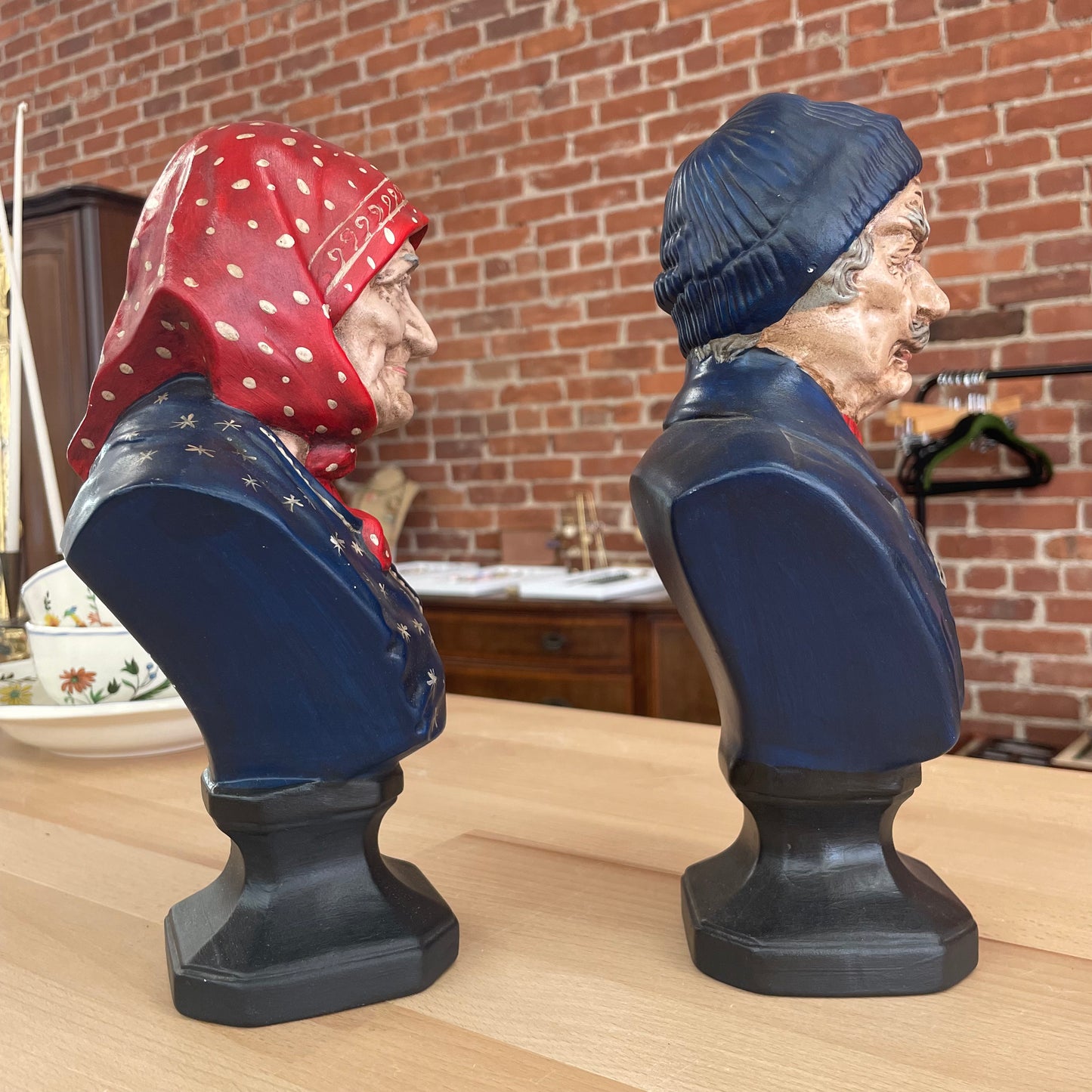 Vintage Fisherman & Wife Ceramic Busts, Hand-Painted European Figures