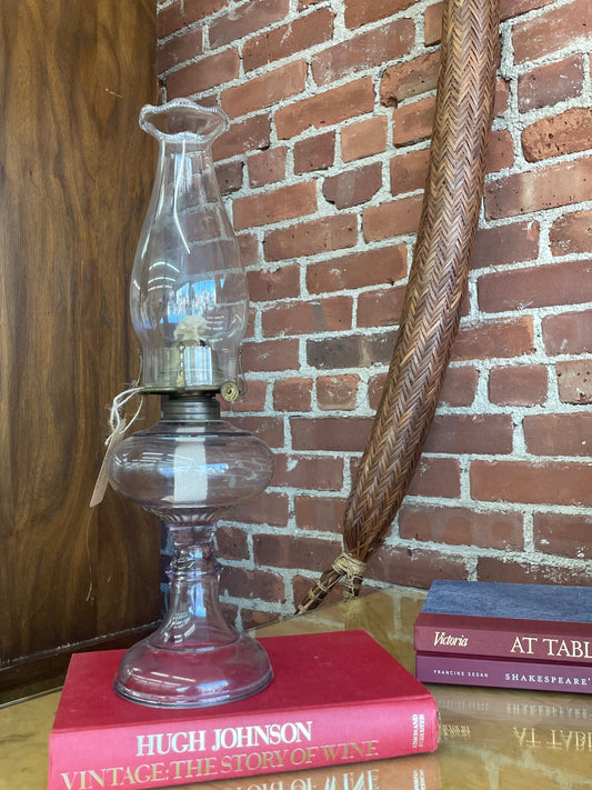 Vintage Purple Glass Oil Lamp with Brass Hardware — 17.25", Clear Chimney, c. Mid-20th Century