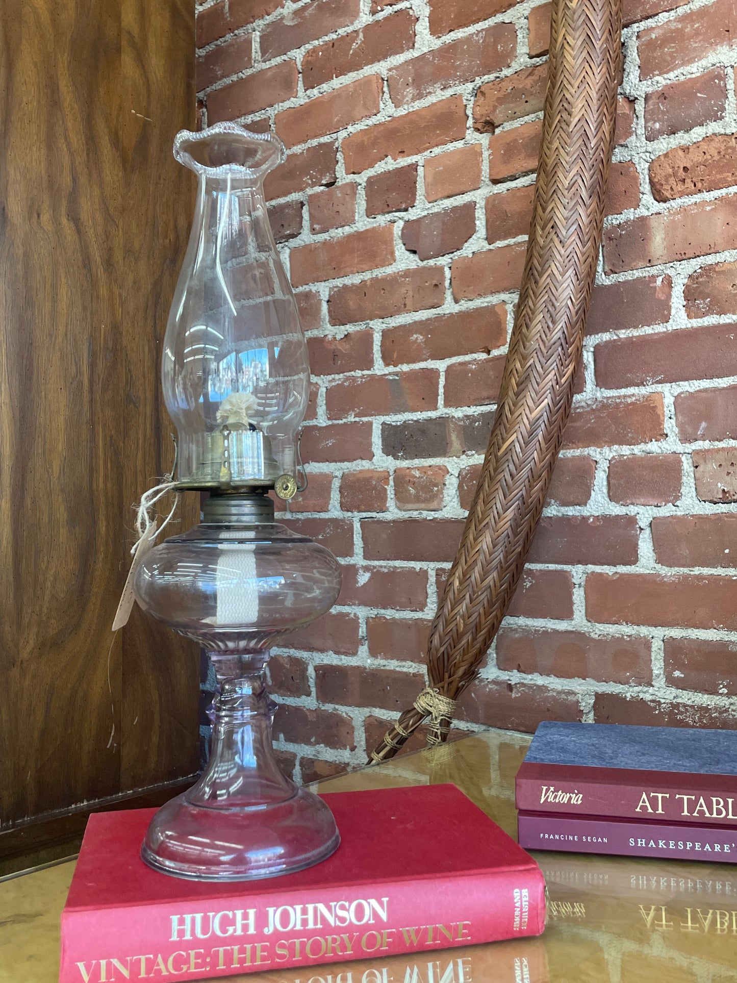 Vintage Purple Glass Oil Lamp with Brass Hardware — 17.25", Clear Chimney, c. Mid-20th Century