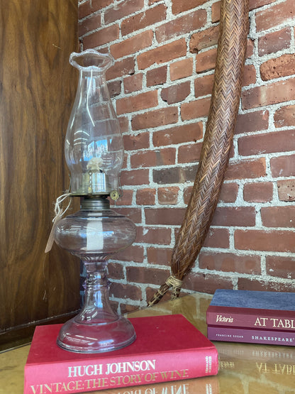 Vintage Purple Glass Oil Lamp with Brass Hardware — 17.25", Clear Chimney, c. Mid-20th Century