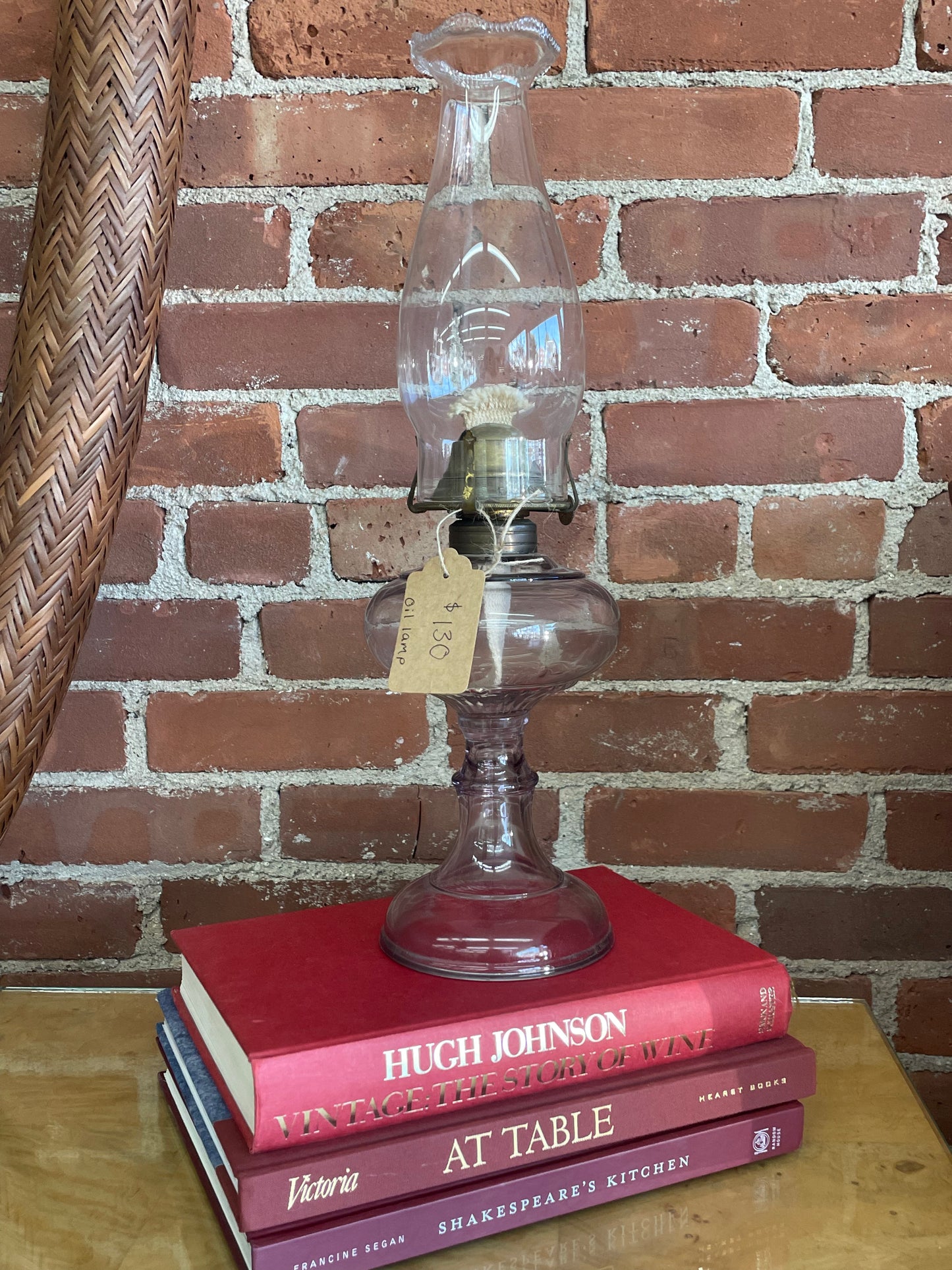 Vintage Purple Glass Oil Lamp with Brass Hardware — 17.25", Clear Chimney, c. Mid-20th Century