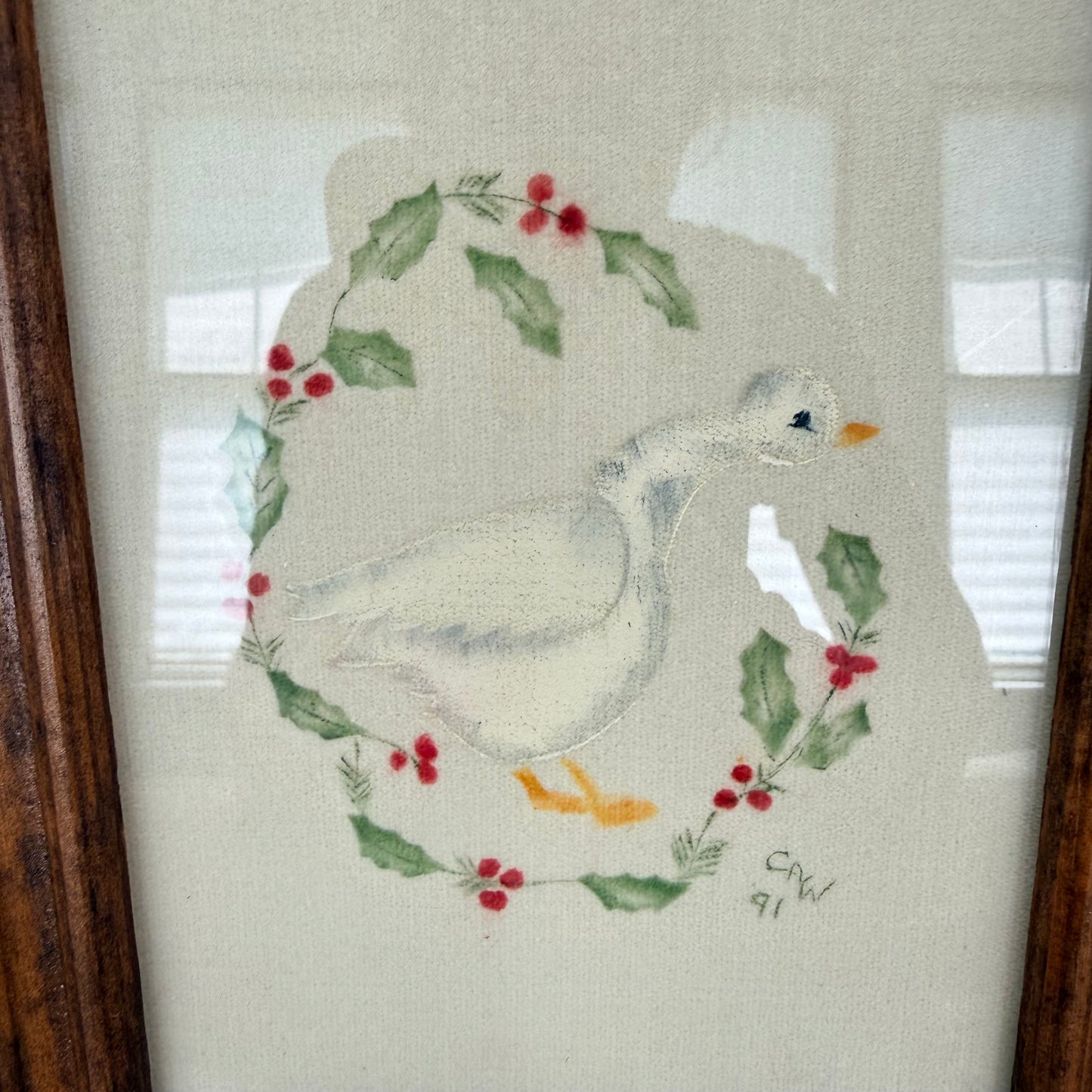 Framed Goose Embroidery with Holly Wreath, Signed 1991, Small