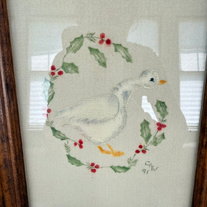 Framed Goose Embroidery with Holly Wreath, Signed 1991, Small