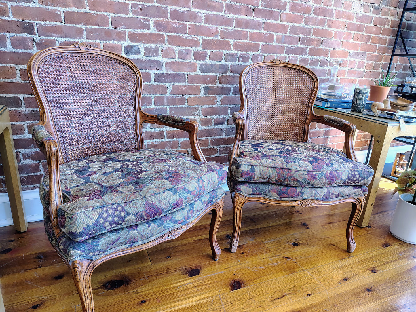 Pair of Vintage French Louis XV-Style Cane Back Fauteuil Armchairs