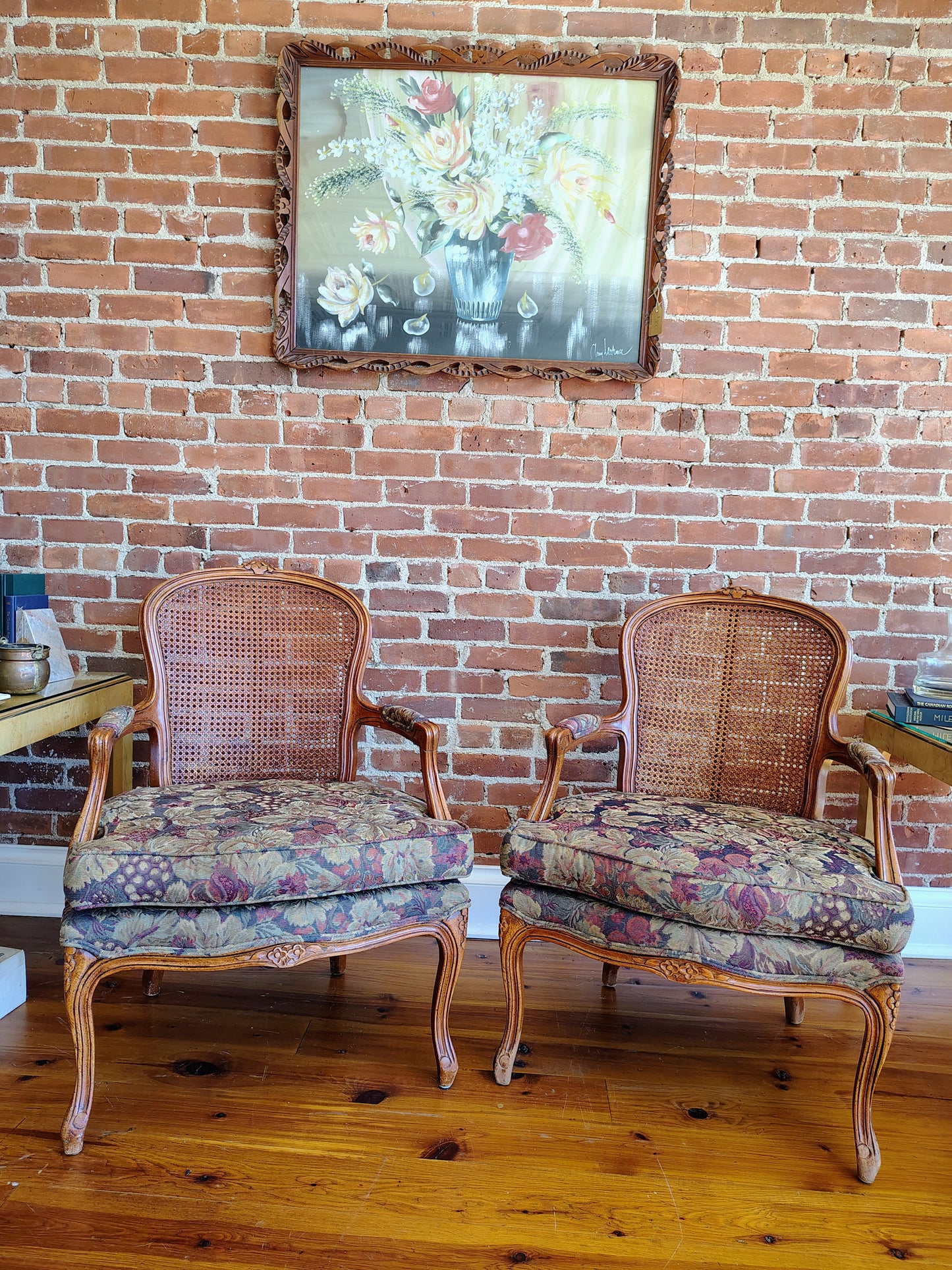 Pair of Vintage French Louis XV-Style Cane Back Fauteuil Armchairs