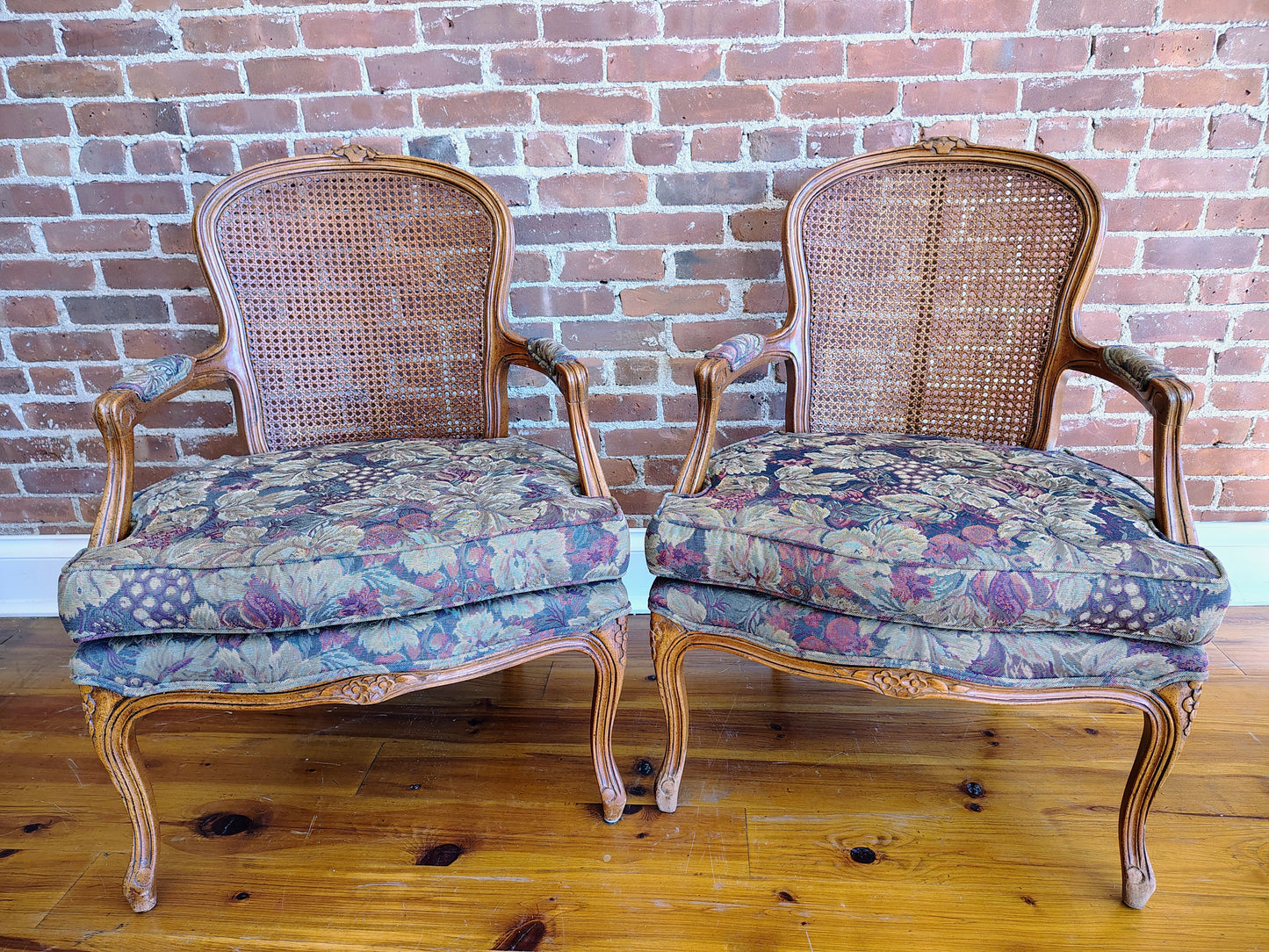 Pair of Vintage French Louis XV-Style Cane Back Fauteuil Armchairs