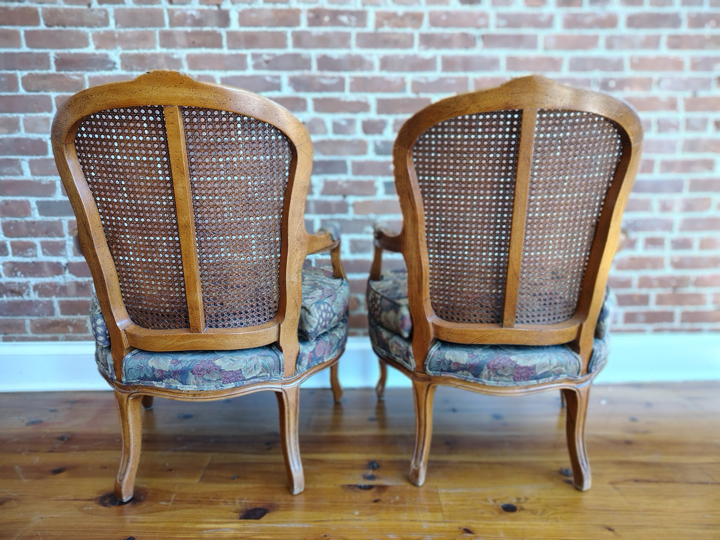 Pair of Vintage French Louis XV-Style Cane Back Fauteuil Armchairs