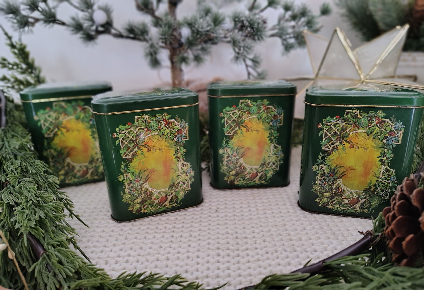 Set of 4 Vintage 1981 Avon “Fruit Garden” Christmas Tins – Green & Gold Holiday Storage Containers, Made in England