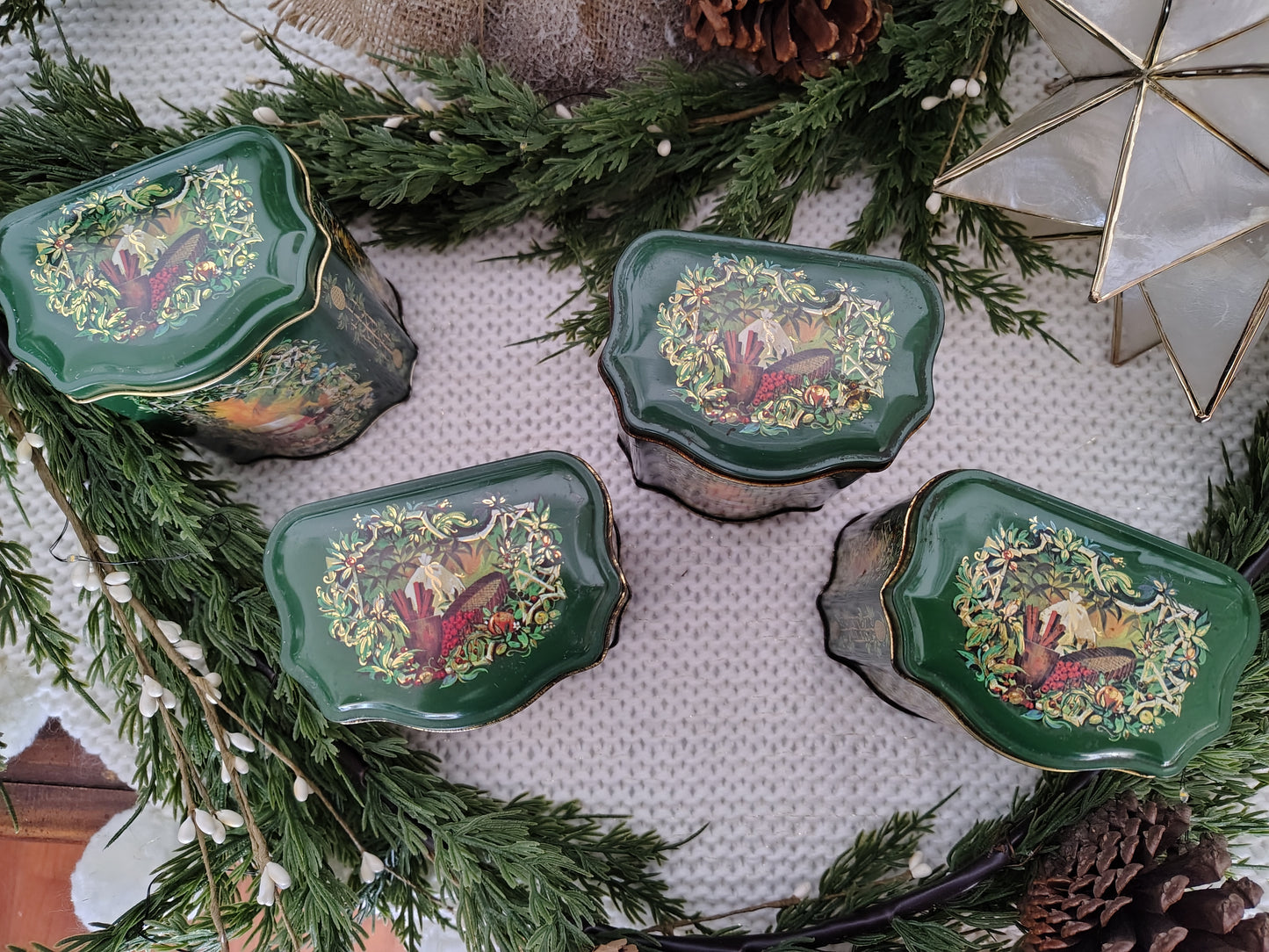 Set of 4 Vintage 1981 Avon “Fruit Garden” Christmas Tins – Green & Gold Holiday Storage Containers, Made in England