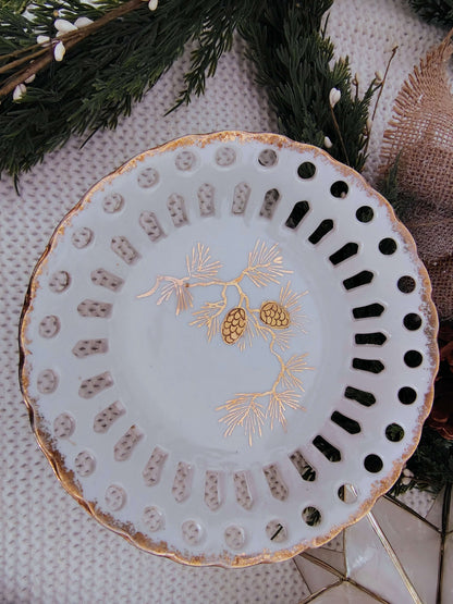 Royal Halsey Fine China Pedestal Bowl – Reticulated Edge, Gold Pinecone Design – photo 2 of 6