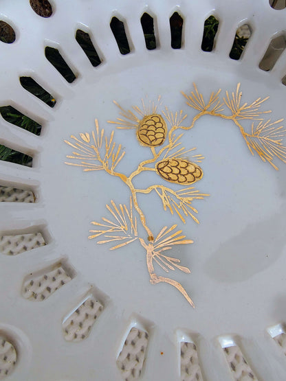 Royal Halsey Fine China Pedestal Bowl – Reticulated Edge, Gold Pinecone Design – photo 3 of 6